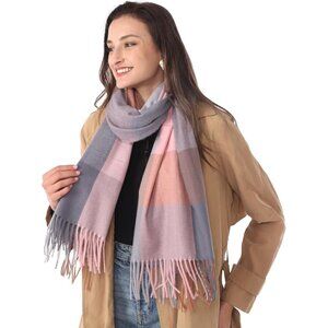 Women Pink Grey Blue Winter Warm Shawl Wraps Tartan Blanket Oversized Scarves